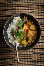 Kumara, Eggplant & Coconut Curry w/ Warm Spiced Current & Nut Rice